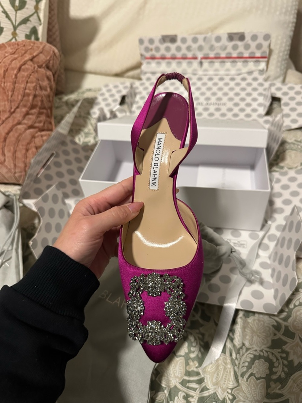 Manolo Blahnik Hot Pink Satin Slingback Pumps with Crystal Square Buckle - Picture 5 of 7